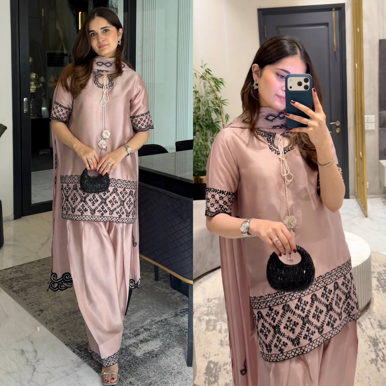 Luxe Taupe & Noir Silk Ensemble